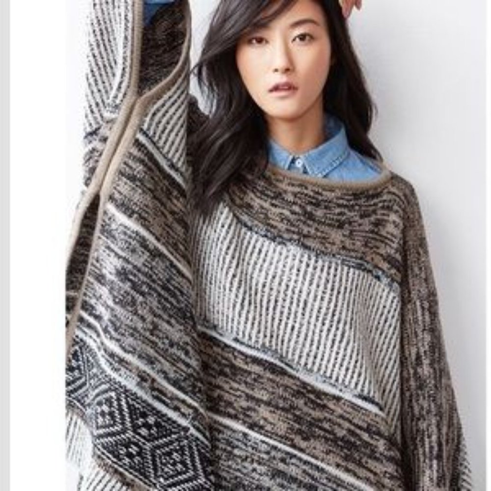 GAP neutral tribal multi stripe popover wool blend heavy knit cape poncho
